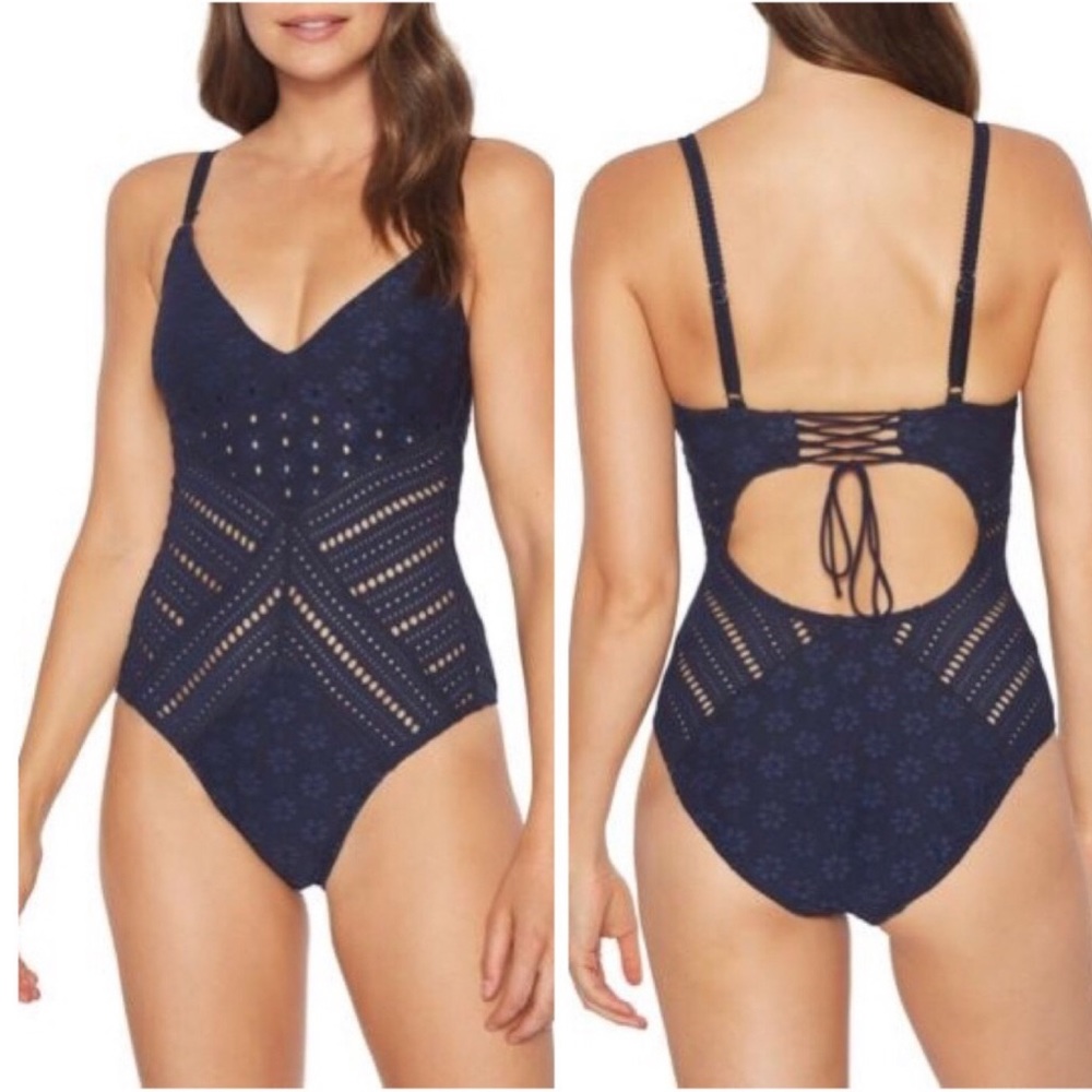 Robin Piccone Clarissa Crochet One Piece Swim Navy